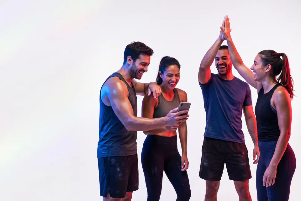 Amigos comemorando depois do treino, um deles mostrando o celular